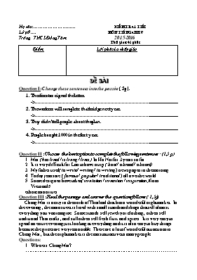 Đề kiểm tra 1 tiết môn Tiếng Anh Lớp 9 - Năm học 2015-2016 - Trường THCS Đồng Tâm (Có đáp án)